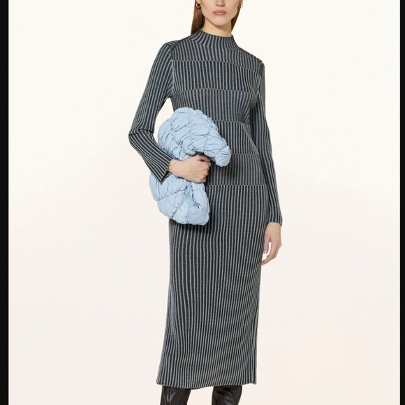 COS Ribbed Knit Mock Neck Long Sleeve Sweater Thick Midi Dress Blue Black Size L - Picture 10 of 11